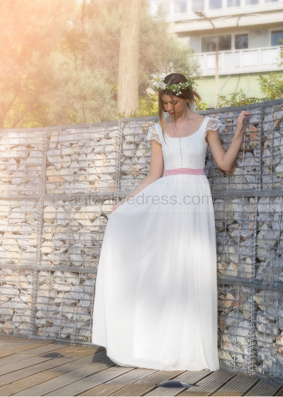 Cap Sleeves Ivory Lace Chiffon Lovely Wedding Dress